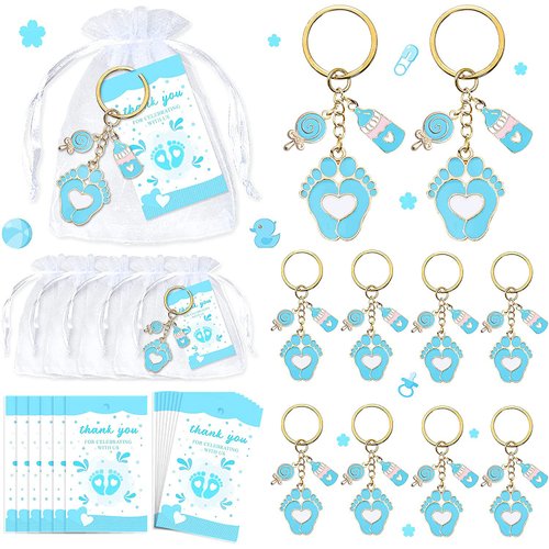 BUYWUMORE 12 Sets Baby Shower Favors Blue Footprint Keychains Gifts with Bottle Lollipop White Organza Bags and Thank You Tags for It's a Boy Decorations Baby Shower Party Supplies (BLUE)