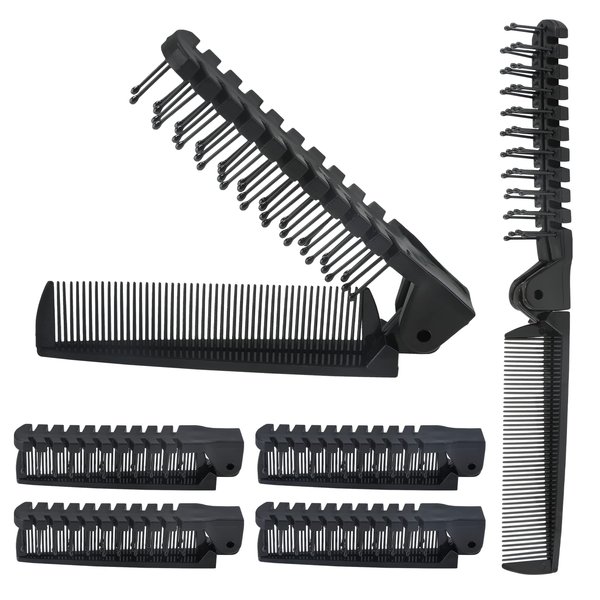 Qjaiune 6PCS Travel Folding Hair Brush and Comb Set, Anti-Static Mini Pocket Combs for Men & Women (Black, Plastic)