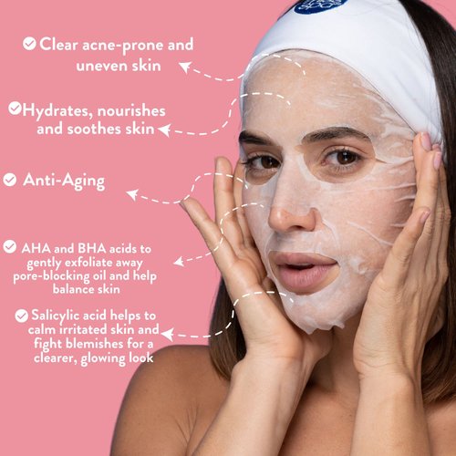 MISS SPA Face Mask Skin Care, Clear Skin Enzyme Peel Sheet Mask for Women, Exfoliating Sheet Mask for Acne, Blemish Free Skin, Biodegradable Cotton Sheet Mask, Dermatologist Tested, 4 Pack