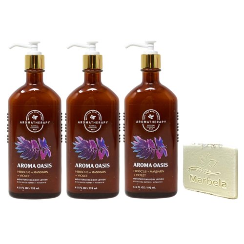 Bath & Body Works Aroma Oasis Hibiscus Mandarin Violet 3 Pack Body Lotion Value Pack with a Natural Oats Sample Soap