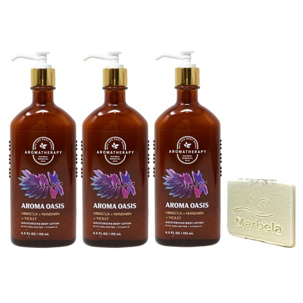 Bath & Body Works Aroma Oasis Hibiscus Mandarin Violet 3 Pack Body Lotion Value Pack with a Natural Oats Sample Soap