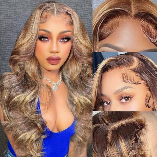Ombre Lace Front Wig Human Hair 200% Density Highlight Wig Human Hair Colored 4/27 Human Hair Wig 13x4 Body Wave Lace Front Wigs Human Hair Pre Plucked Honey Blonde Wig Human Hair for Women 22 Inch