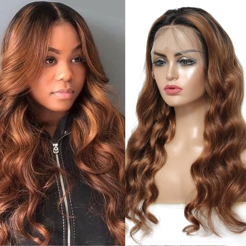 Ombre 1b/30 Lace Front Wig Human Hair Pre Plucked Body Wave 13x4 Lace Front Wigs Virgin Hair Honey Brown Transparent Glueless Lace Frontal Wigs For Black Women 150% Density (20inch)