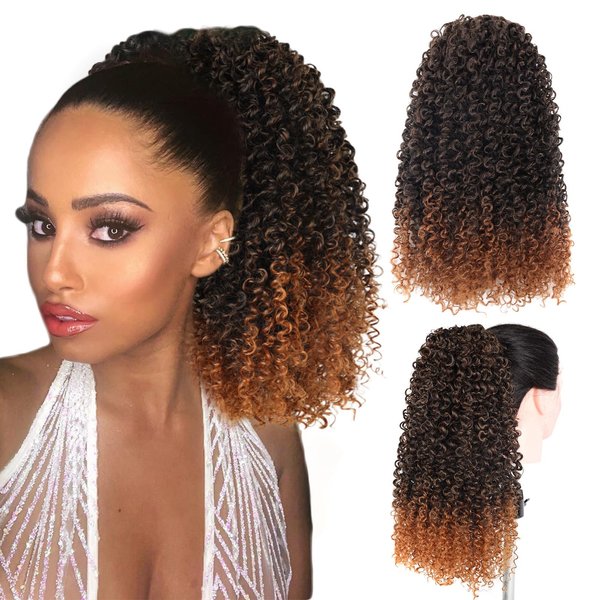 Curly Ponytail Extension for Black Women Drawstring Ponytail Hair Extensions 14'' Ombre Brown Synthetic Kinkys Curly Drawstring Ponytail for African Women