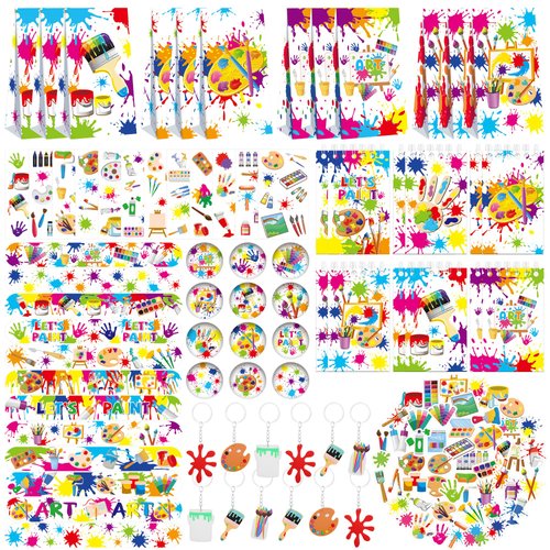 121PCS Art Party Favors Set, Paint Party Favors for Kids, 49 Stickers, 12 Tattoo Stickers, 12 Button Badges, 12 Mini Notepads, 12 Slap Bracelets, 12 Keychains, 12 Goodie Bags for Boys Girls Painting
