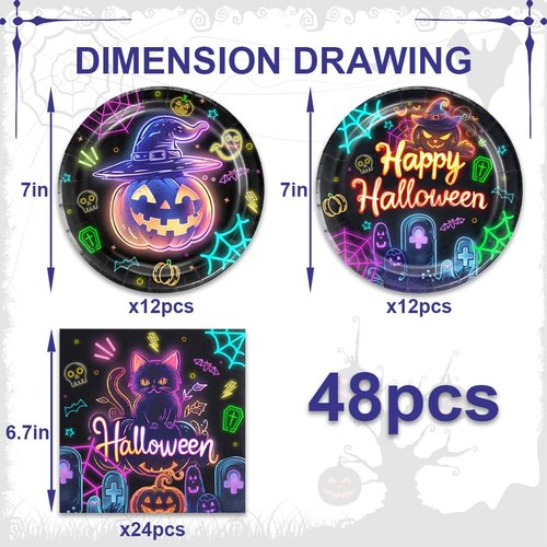 48pcs happy Helloween party decoration，glow in the dark Halloween Plate Napkin party tableware set，Neon Spooky Halloween Birthday Party Decorations (fluorescence Helloween)