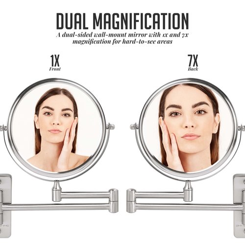 OVENTE 7" Wall Mount Makeup Mirror, 1X & 7X Magnifier, Adjustable Spinning Double Sided Round Reflection, Extend, Retractable & Folding Arm, Bathroom & Vanity Décor, Nickel Brushed MNLFW70BR1X7X