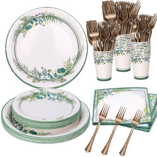 Decodinli 100 PCS Greenery Party Supplies, Greenery themed Disposable Plates and Napkins for Bridal Shower Decorations, Birthday, Baby Shower, Gender Neutral, Serves 20