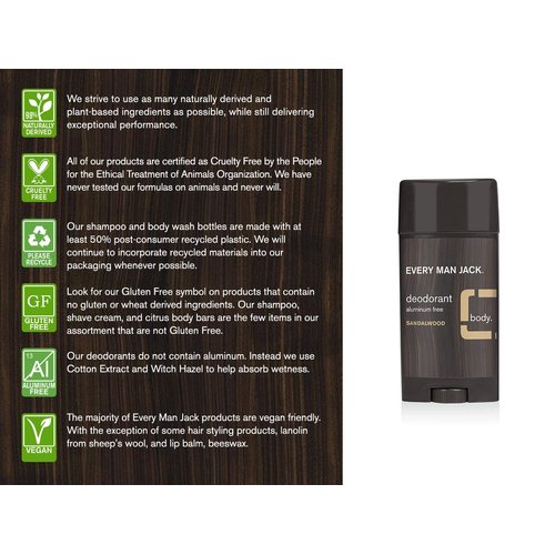 Every Man Jack Men's Natural Deodorant - Sandalwood | 3-ounce Twin Pack - 2 Sticks Included | Naturally Derived, Aluminum Free, Parabens-free, Pthalate-free, Dye-free, and Certified Cruelty Free