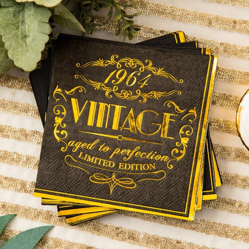 Crisky 60th Birthday Napkins for Men 60th Birthday Table Decorations Black Gold Vintage 1964 Beverage Dessert Cake Table Decorations Party Supplies 50 Count, 3-ply