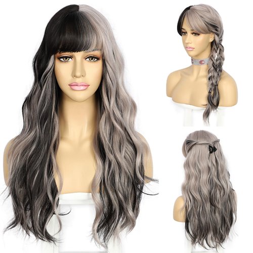 SAPPHIREWIGS Highlight Silver Grey Wig with Bangs Long Gray with Black Wig for Women Natural Wavy Heat Resistant Wigs for Daily Party Cosplay Chrismas Used 26inch
