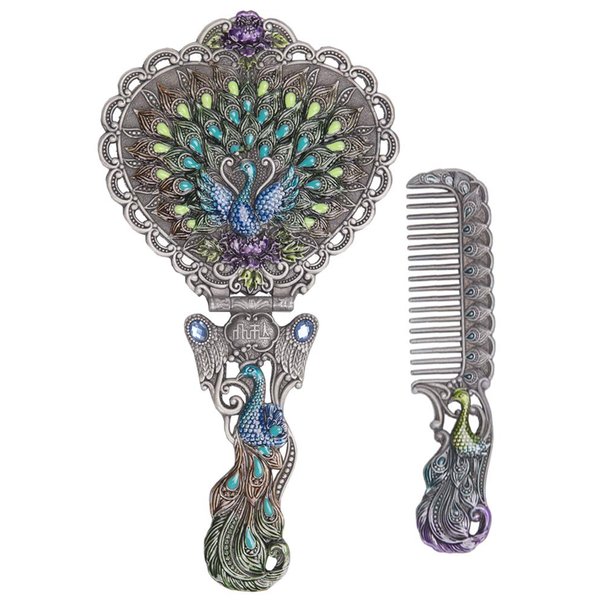 Nerien Vintage Peacock Metal Mirror Comb Set Antique Heart-shaped Handheld Vanity Mirror Comb Set Antique pewter