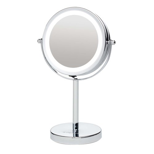 OVENTE 6" Lighted Tabletop Makeup Mirror - Battery Powered with 1X/ 7X Magnification, Rotatable 360-Degree, Double Sided Glow Cosmetic Vanity White LED Ring Light, Polished Chrome MLT60CH1X7X