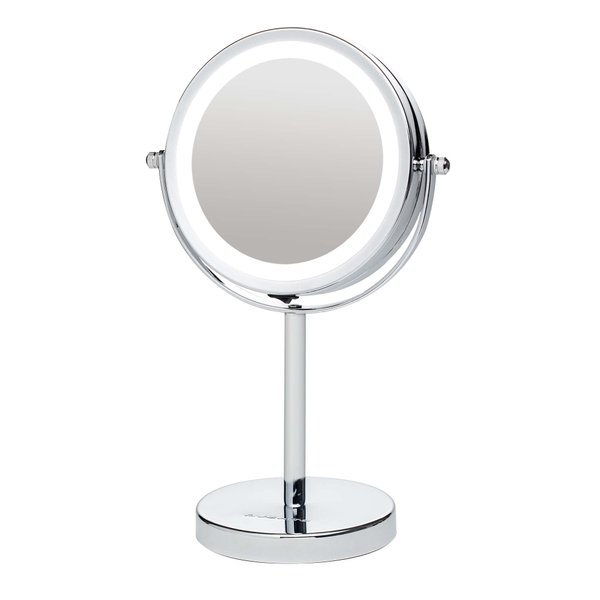 OVENTE 6" Lighted Tabletop Makeup Mirror - Battery Powered with 1X/ 7X Magnification, Rotatable 360-Degree, Double Sided Glow Cosmetic Vanity White LED Ring Light, Polished Chrome MLT60CH1X7X