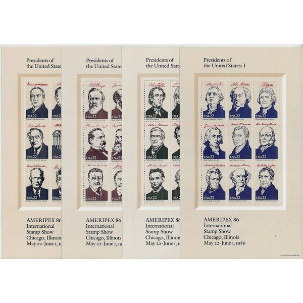 1986 Ameripex '86 4 Sheets 22¢ US Postage Stamps Scott #2216-19