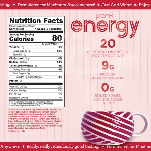 Perk Energy Original White Chocolate Peppermint Pretzel Drink Mix (20 Servings) - Gluten Free, Soy Free, Peanut Free