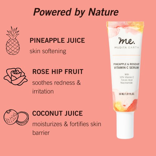 Mudita Earth Pineapple and Rosehip Vitamin C and Niacinamide Serum - Organic Vitamin C E Ferulic Serum for Acne Scars Dark Spots - Hyperpigmentation Serum for Skin Brightening and Rejuvenation