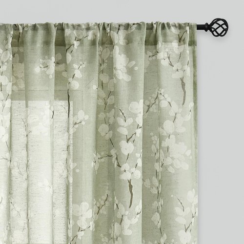 FMFUNCTEX Linen Sheer Curtains for Bedroom, Sage Green Blossom Print Curtains 96 Inches Long for Living Room,Floral Patterned Farmhouse Curtains Light Filtering Window Drapes 2 Panels, Rod Pocket