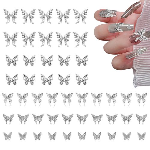 50Pcs Butterfly Nail Charms, 3D Silver Butterflies Shape Charms for Nails Gems, Flatback Alloy Nail Art Decoration Supplies for Women Girls Manicure