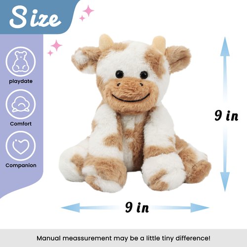 Hopearl Adorable Plush Cow Toy Floppy Dairy Cattle Soft Stuffed Animal Cute Birthday Gifts for Boys Girls Kids Toddlers, Light Brown, 9''