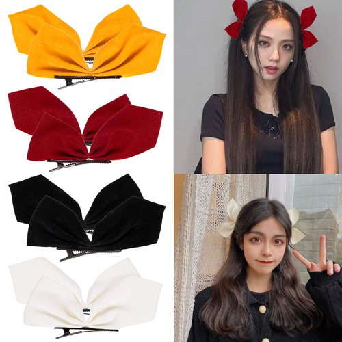 Whaline 4 Pairs Velvet Hair Bows and Barrettes in Mix Colors - 8 Non-Slip Bowknot Hair Clips and Pins for Girls Women (Red, Yellow, White, Black)