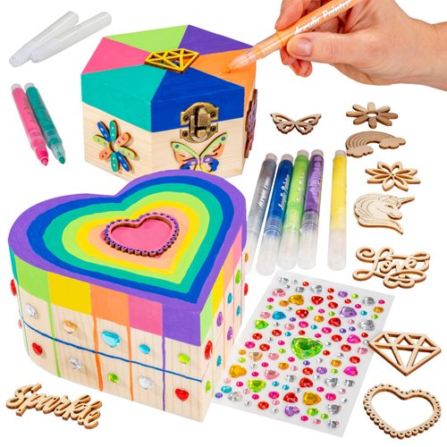 GirlZone Jewelry & Treasure Box, DIY Jewelry Box, DIY Craft for Kids Include Wooden Boxes, Shapes, Acrylic Paint Pens, Gem Stickers & Table Cover, Ideal Painting Crafts for Girls for Ages 6-8