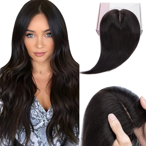 Elailite Human Hair Toppers for Women with Thinning Hair Clip in V3.0 Real Hair Pieces 12 Inch 120% Density Middle Parting for Top Hair Loss Gray Fine Hair [Style-B] Natural Black