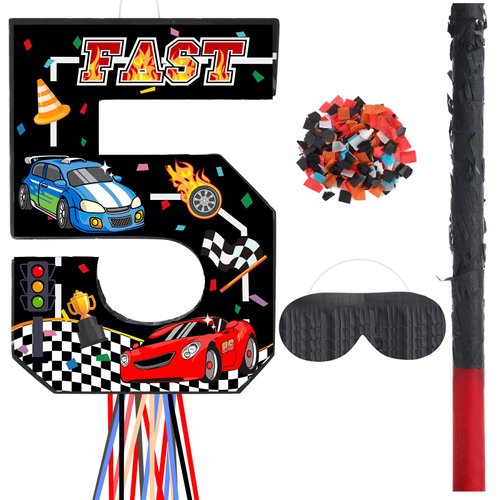 Harrycle Race Car Number Piñata Pull String Fast Piñata Small Racing Theme Piñata with Blindfold Stick Confetti for Boys Birthday Decorations Party Supplies(Number 5)