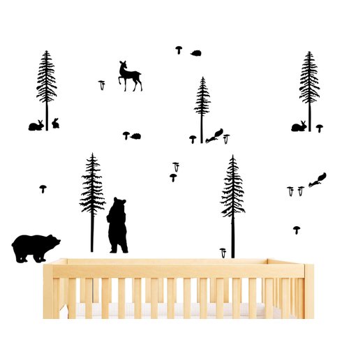 Yyart Woodland Animals Wall Sticker Pack Woodland Decor for Kids Rooms Bear and Tree Decal Sticker Vinyl Wall Decals for Bedroom and Living Room A57 (Black)