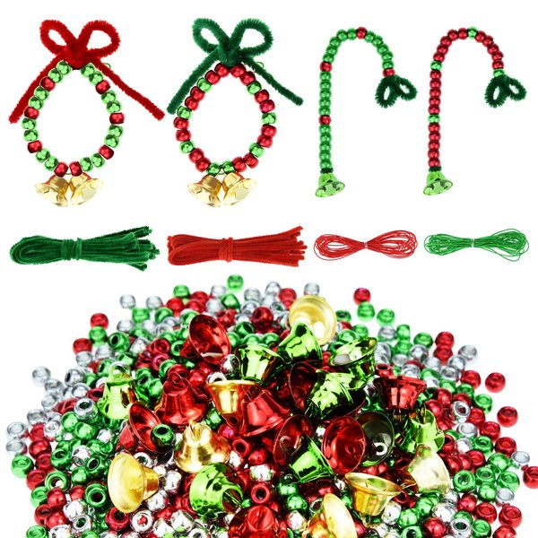 1000 Pcs Christmas Beads(Red Green Silver) + 40 Pcs Chenille Stems Pipe Cleaners (Red Green) + 40 Pcs Bells(Red Green Gold)+ 5 m Elastic Rope(Red Green) for DIY Christmas Decoration Crafts