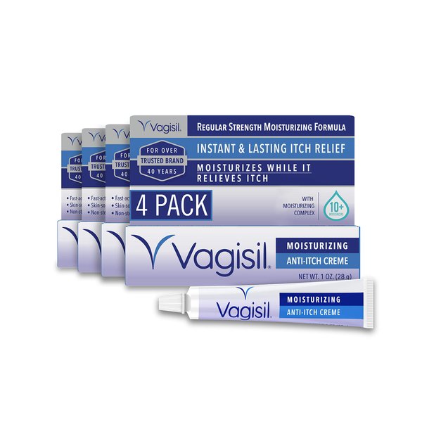 Vagisil Regular Strength Anti-Itch Feminine Cream for Women, Gynecologist Tested, Hypoallergenic, Fast-acting and Long-lasting Itch Relief, Vaginal Moisturizer Soothes and Cools, 1 oz (Pack of 4)