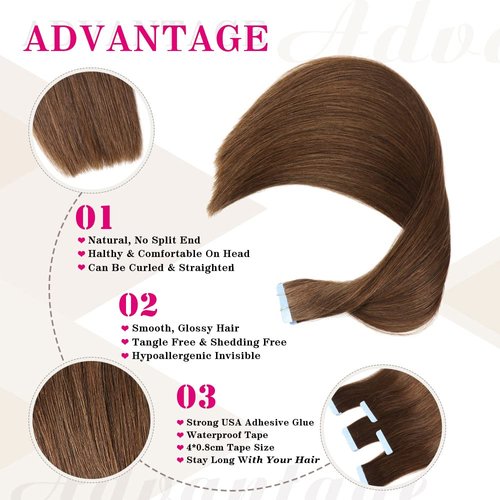 Tape in Hair Extensions Human Hair Double Weft Real Human Hair Extensions Seamless Straight Human Hair Extensions for Fashion Women(#4,20inch)