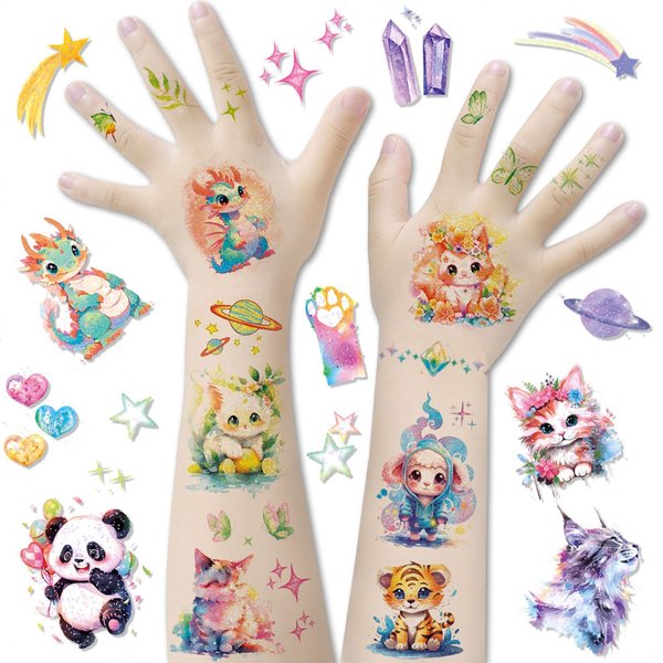 Tuenmofun 18 Sheets Cute Glitter Temporary Tattoos for Girls, Waterproof Stickers with 18 Mixed Animals Styles for Kids Birthday Party Supplies, Arts & Crafts Favors