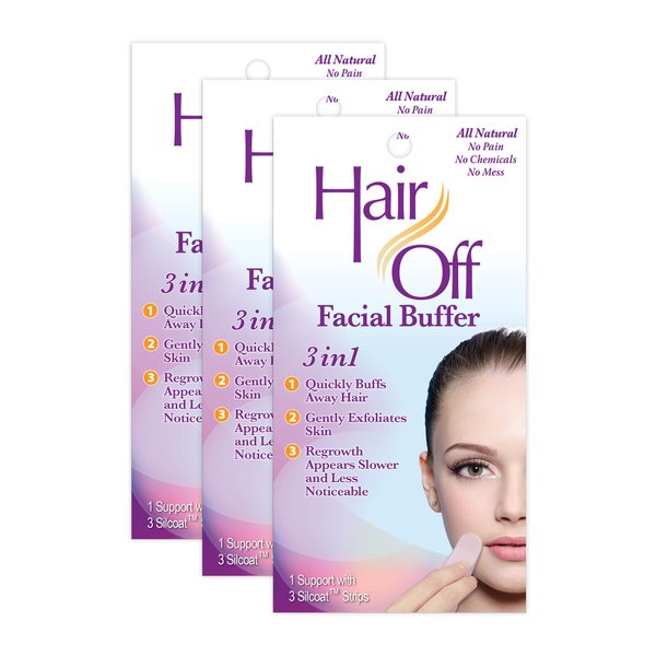 Hair Off Facial Buffer - Painless & Chemical Free Facial Hair Remover & Gentle Face Exfoliator - Hair Eraser to Slow Regrowth on Chin, Lip & Cheeks (3 Buffers Per Box, Pack of 3)