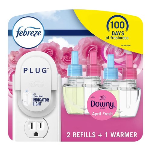 Febreze Plug In Air Freshener, Odor-Fighting Scented Oil Starter Kit, Air Fresheners for Home and Bathroom and Kitchen, Long Lasting for Strong Odors, Downy April Fresh Scent, Warmer + 2 Refill