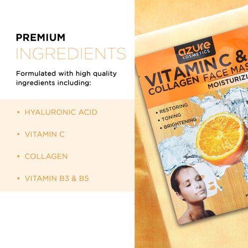 AZURE Vitamin C & Collagen Moisturizing Facial Mask- Anti Aging, Deeply Moisturizing & Firming - Brightening Mask, Improves Elasticity - Skin Care Made in Korea - 5 Pack