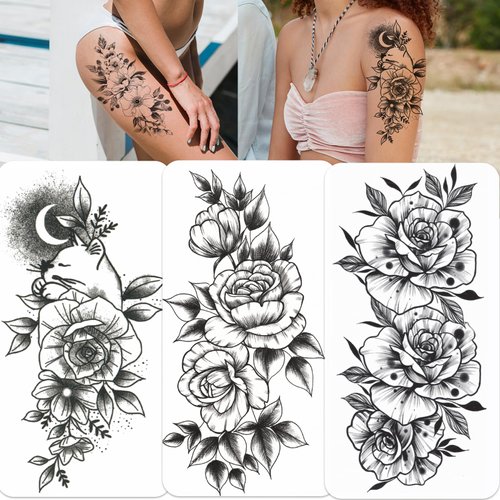 10 Sheets Half Temporary Tattoos for Women, Realistic Fake Tattoo Sticker for Girls Adults Shoulder Arm Neck,Long Lasting Temporary Tattoos Gorgeous Flower Tattoos