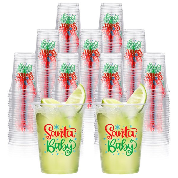 Yaomiao 50 Pcs Santa Baby Shower Plastic Cups Santa Baby Clear Cups Santa Baby Theme Party Supplies Christmas Baby Shower Decorations, 12oz(Santa)