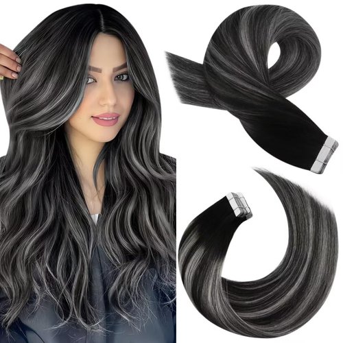 Moresoo Tape in Hair Extensions Balayage Tape in Human Hair Extensions Off Black to Silver Mix Black Tape in Hair Extensions Remy Human Hair Extensions tape in 24inch #1B/Silver/1B 20pcs 50g