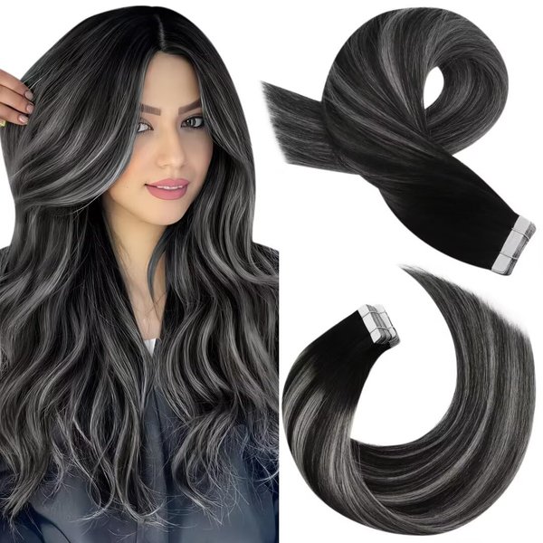 Moresoo Tape in Hair Extensions Balayage Tape in Human Hair Extensions Off Black to Silver Mix Black Tape in Hair Extensions Remy Human Hair Extensions tape in 24inch #1B/Silver/1B 20pcs 50g