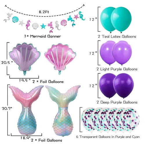 Mermaid Birthday Decorations for Girls Women, 29pcs Birthday Party Supplies Including Pom Poms Flowers Happy Birthday Banner Dots Garland Hanging Swirls and Balloons Purple Teal Confetti