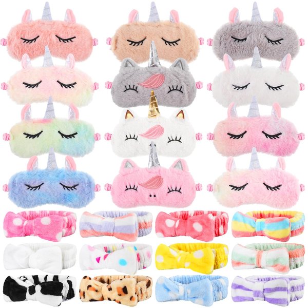 Hanaive 24 Pcs Sleepover Party Supplies Include 12 Unicorn Eye Mask and 12 Bowtie Hair Headband for Girls, Sleepover Party Favors for Women Sleeping Spa Makeup Supplies