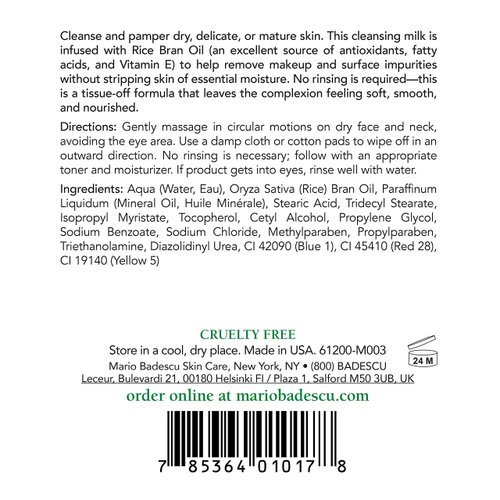 Mario Badescu Cleansing Milk with Carnation, Rice Oil & Vitamin E - No Rinse Liquid Makeup Remover Cleanser with Milky Formula For Skin Care and Gentle Cleansing Experience, 6 Fl Oz