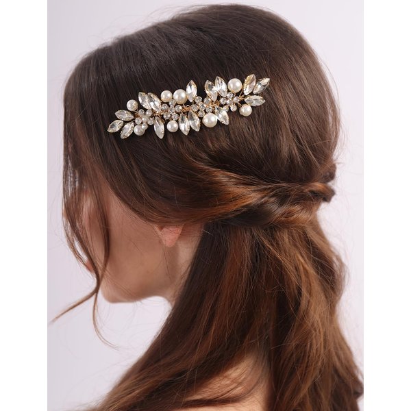 BERYUAN Crystal Flowers Rhinestone Hair Comb Pearls Rhinestone Bridal Headpiece Gold Rhinestone Crystal Hair Comb for Wedding Wedding Bridal Pearls Rhinestone Side Comb for Women Girls