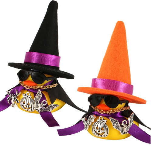 2pcs Halloween Duck Ornaments, 1.96x1.85 Inch Rubber Duck Ornaments Mini Witch Hat Ducks with Sunglasses Necklace Halloween Accessories for Halloween Themed Car Decor