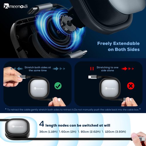 Meenova iPhone 15 Cable Retractable USB C Cable, 60W USB C to USB-C PD Fast Charging Cord 4-Stage Length Preset Type C Charger Cable for iPhone 15 Series, MacBook, iPad Pro, S23(4ft/1.2m)