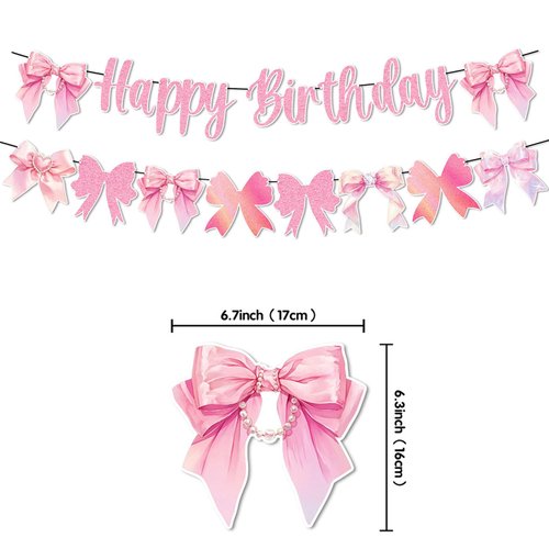 GOTPASS Pink Bow Happy Birthday Banner Bow Themed Birthday Decorations Baby Bridal Shower Girl Cute Birthday Party Supplies