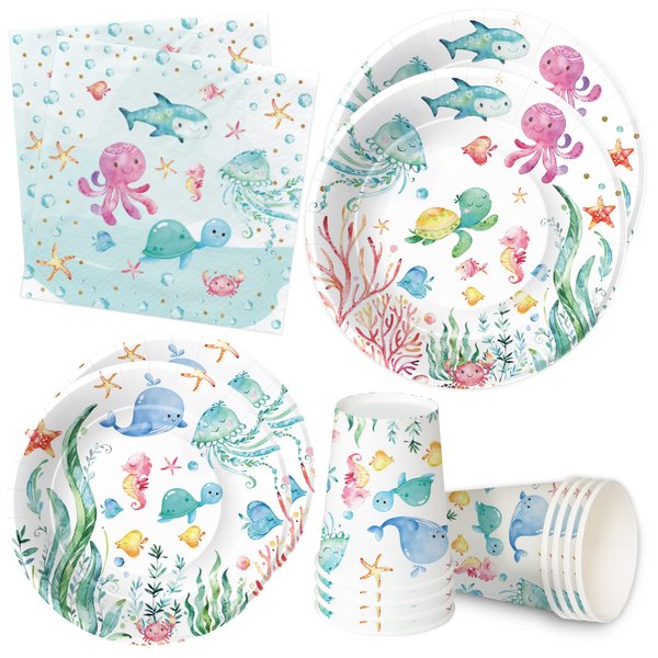 APOWBLS Ocean Under The Sea Party Decorations Dinnerware For Birthday Baby Shower, Ocean Theme Party Supplies, Plate, Cup, Napkin, Underwater World Sea Life Theme Party Decorations Tableware, Serve 24