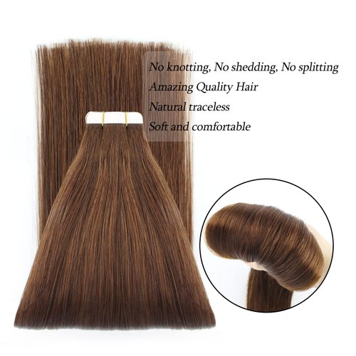 ABH AmazingBeauty Hair Tape in Hair Extensions Real Human Hair Semi-permanent 50g 20pcs Tape in Attached Skin Weft Invisible Seamless Reusable Walnut Brown Color 3 14 Inch