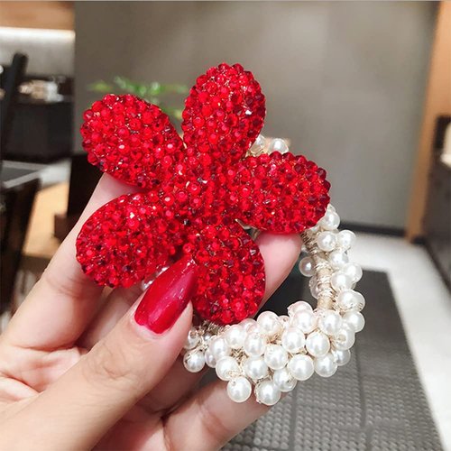 AKOAK 1 Pack Pearl Flower Crystal Hair Rope Bracelet Dual-use Hair Accessories Flower Leather Rope Hair Band Hair Accessories Jewelry Girls and Women Tiara (A-03, Red 5 Petals)